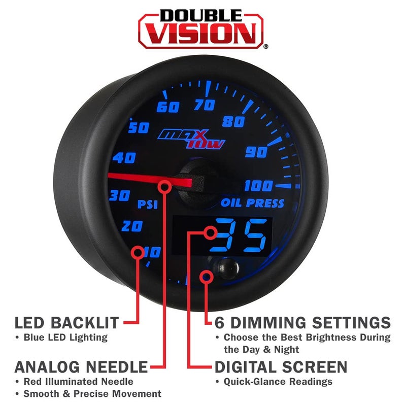 MaxTow Double Vision 100 PSI Oil Pressure Gauge Kit - Includes Electronic Sensor - Black Gauge Face - Blue LED Illuminated Dial - Analog & Digital Readouts - for Trucks - 2-1/16" 52mm - Image 4